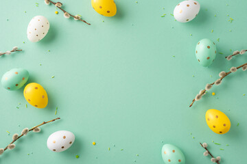 Wall Mural - decorative easter eggs in soft colors scattered on a green background, featuring a seasonal design a