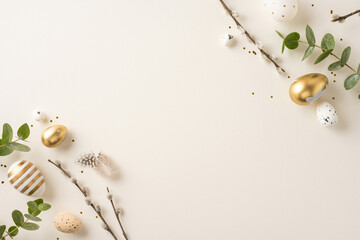 Wall Mural - arrangement of golden and speckled easter eggs with greenery and branches for celebration