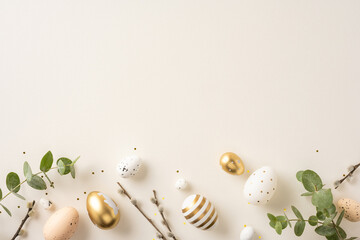 Wall Mural - easter decoration featuring ornamental eggs, natural tree branches, and foliage over a neutral surfa