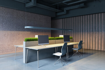 Poster - Modern office interior with shared wooden desks, sleek black chairs, and desktop computers. Green plants add a fresh touch to the contemporary space. 3D Rendering