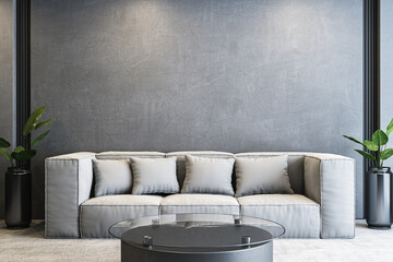 Poster - Modern gray sofa in stylish interior with black coffee table. 3D Rendering