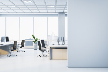Poster - Modern spacious office interior with desks, chairs, and computers. 3D Rendering