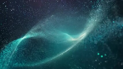 Poster - A stunning display of animated particles gracefully moves and intertwines, creating shapes in a dark background. The colorful movement captivates the viewer's attention, showcasing fluid dynamics.