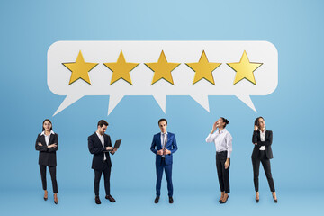 Poster - Business team with five-star rating review concept.