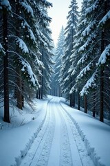 Wall Mural - dense fir forest path winding through snow-covered trees, woods, road, forest