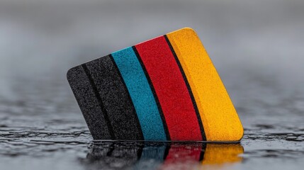 Poster - Colorful Card With Stripes Leaning on Wet Surface Reflection