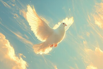 Wall Mural - white dove soaring in golden sky, wings glowing in sunlight, soft clouds surrounding, symbol of peac