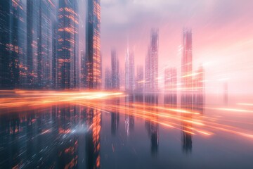 Poster - Urban Cityscape at Dusk with Blurred Lights and Reflection