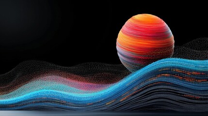 Fototapete - Colorful Abstract Sphere on Vibrant Waves Against Dark Background
