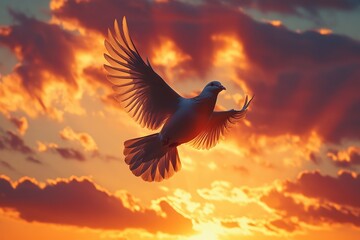 Wall Mural - white dove soaring through a golden sunset sky, symbolizing peace, freedom, spirituality, and hope i