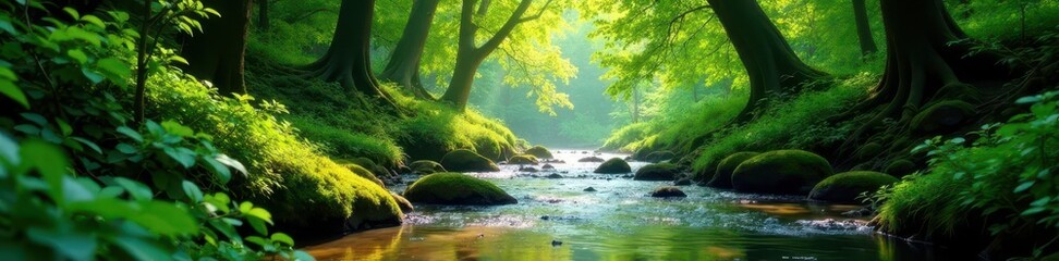 Wall Mural - emerald canopy, sunlight filters through leaves onto flowing stream bed, serene, green, light