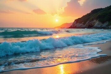 Wall Mural - serene, turquoise waves gently lapping shore at sunset , water texture, turquoise