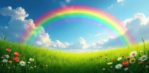 Poster - Vibrant rainbow arc over lush green meadow, wildflowers , outdoor, dreamlike