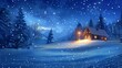 © Galih - Snowy cabin, winter night, mountain backdrop, holiday card