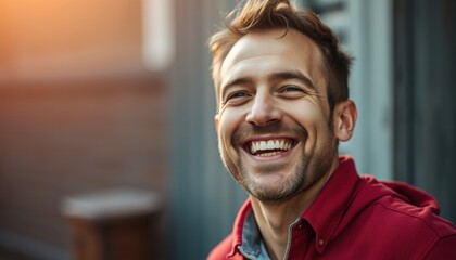 Canvas Print - A cheerful man with a bright smile enjoys the warmth of the afternoon sun. He sits relaxed, dressed casually in a stylish jacket, surrounded by a charming urban backdrop