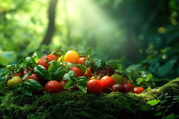 Wall Mural - Fresh, ripe tomatoes and basil leaves rest on a bed of moss in a sun-dappled forest.