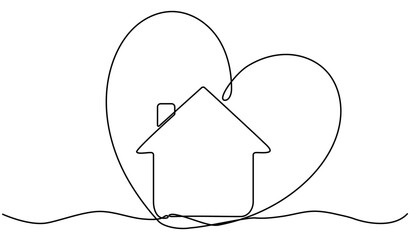 Poster - House with heart inside continuous one line drawn. Love home concept. Shelter symbol. Vector illustration isolated on white.