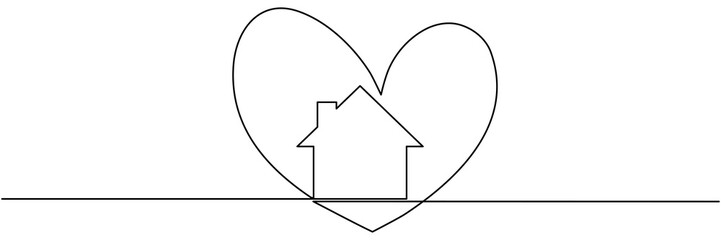 Poster - House with heart inside continuous one line drawn. Love home concept. Shelter symbol. Vector illustration isolated on white.