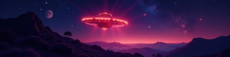Wall Mural - luminous ufo against backdrop of distant galaxies , science fiction art, infinite, silver