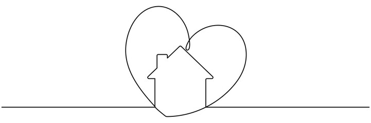 Poster - House with heart inside continuous one line drawn. Love home concept. Shelter symbol. Vector illustration isolated on white.