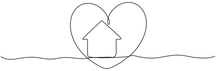Poster - House with heart inside continuous one line drawn. Love home concept. Shelter symbol. Vector illustration isolated on white.