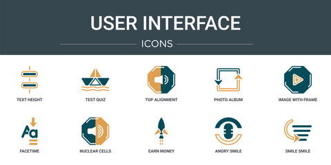 Poster - set of 10 outline web user interface icons such as text height, test quiz, top alignment, photo album, image with frame, facetime, nuclear cells vector icons for report, presentation, diagram, web