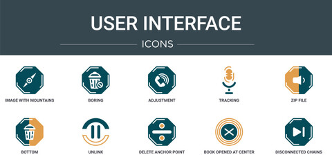 Poster - set of 10 outline web user interface icons such as image with mountains, boring, adjustment, tracking, zip file, bottom, unlink vector icons for report, presentation, diagram, web design, mobile app