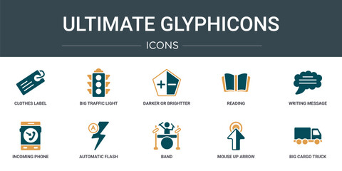 Poster - set of 10 outline web ultimate glyphicons icons such as clothes label, big traffic light, darker or brightter button, reading, writing message, incoming phone, automatic flash vector icons for
