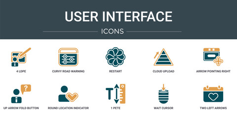 Poster - set of 10 outline web user interface icons such as 4 ldpe, curvy road warning, restart, cloud upload, arrow pointing right, up arrow fold button, round location indicator vector icons for report,