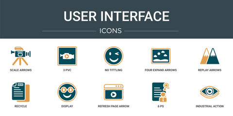 Poster - set of 10 outline web user interface icons such as scale arrows, 3 pvc, no tittling, four expand arrows, replay arrows, recycle, display vector icons for report, presentation, diagram, web design,