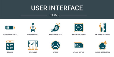 Poster - set of 10 outline web user interface icons such as selectioned circle, corner widget, right arrow play button, navigation arrow, exchange personel, bending, recycable vector icons for report,