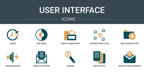 Poster - set of 10 outline web user interface icons such as hours, hue circle, switch orientation button, rounded point star, add folder button, volume button, open letter read email vector icons for report,
