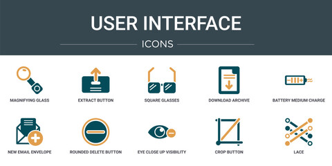Poster - set of 10 outline web user interface icons such as magnifying glass search button, extract button, square glasses, download archive, battery medium charge, new email envelope, rounded delete button