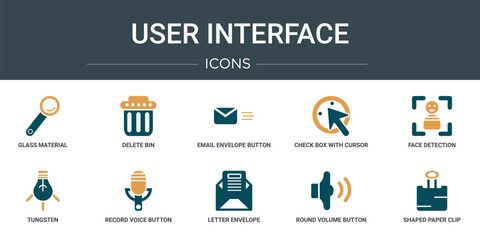 Poster - set of 10 outline web user interface icons such as glass material, delete bin, email envelope button, check box with cursor, face detection, tungsten, record voice button vector icons for report,