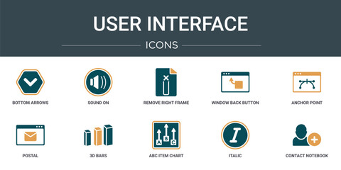 Poster - set of 10 outline web user interface icons such as bottom arrows, sound on, remove right frame, window back button, anchor point, postal, 3d bars vector icons for report, presentation, diagram, web