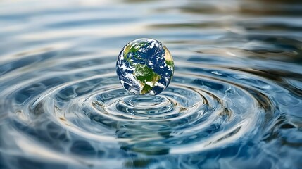 Wall Mural - An Earth shaped droplet gracefully floating above the crystal clear rippling water serving as a powerful symbol for environmental sustainability conservation