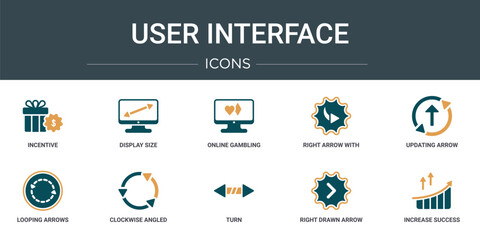 Poster - set of 10 outline web user interface icons such as incentive, display size, online gambling, right arrow with turn, updating arrow, looping arrows, clockwise angled arrows vector icons for report,