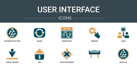 Poster - set of 10 outline web user interface icons such as favorites button, pause, paper boat, remove, look
