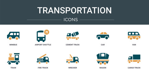 Poster - set of 10 outline web transportation icons such as minibus, airport shuttle, cement truck, car, van,