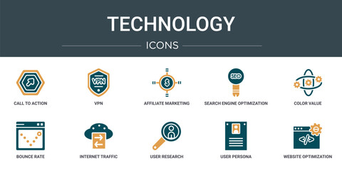 Poster - set of 10 outline web technology icons such as call to action, vpn, affiliate marketing, search engine optimization, color value, bounce rate, internet traffic vector icons for report, presentation,