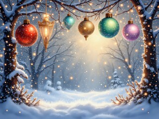Wall Mural - magical snowy scene with ornaments and glowing lantern