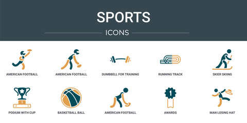 Poster - set of 10 outline web sports icons such as american football player running with the ball, american football player picking the ball, dumbbell for training, running track, skier skiing, podium with