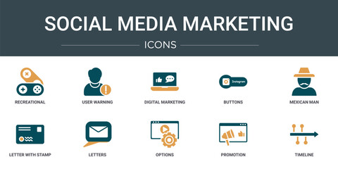 Fototapete - set of 10 outline web social media marketing icons such as recreational, user warning, digital marketing, buttons, mexican man, letter with stamp, letters vector icons for report, presentation,