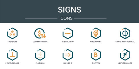 Poster - set of 10 outline web signs icons such as therefore, currency value, is similar to, check point, circle with vertical line, perpendicular, plus less vector icons for report, presentation, diagram,