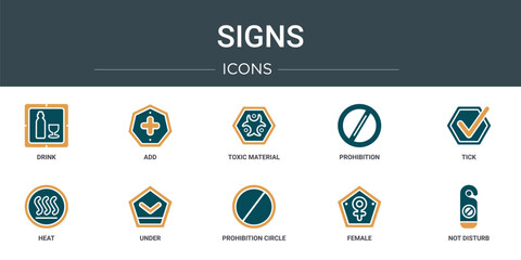 Poster - set of 10 outline web signs icons such as drink, add, toxic material, prohibition, tick, heat, under vector icons for report, presentation, diagram, web design, mobile app