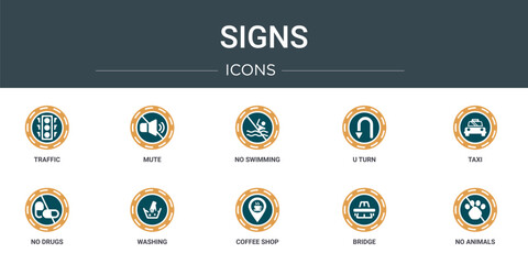 Poster - set of 10 outline web signs icons such as traffic, mute, no swimming, u turn, taxi, no drugs, washing vector icons for report, presentation, diagram, web design, mobile app