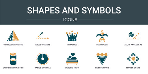 Poster - set of 10 outline web shapes and symbols icons such as triangular pyramid volumetrical shape, angle of acute, royalties, fleur de lis, acute angle of 45 degrees, cylinder volumetric, radius circle