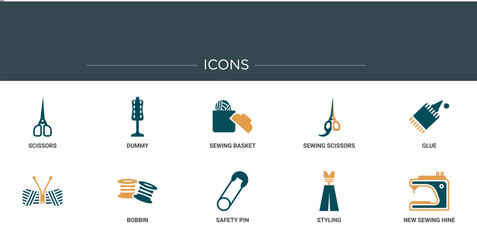 Poster - set of 10 outline web sew icons such as scissors, dummy, sewing basket, sewing scissors, glue,  , bobbin vector icons for report, presentation, diagram, web design, mobile app