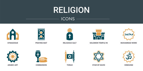 Poster - set of 10 outline web religion icons such as synagogue, praying mat, religious salt, solomon temple in jerusalem, muhammad word, arabic art, communion vector icons for report, presentation, diagram,