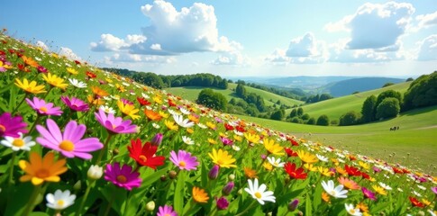 Poster - Wildflower profusion blankets gently rolling hills, pastoral, earth, serene